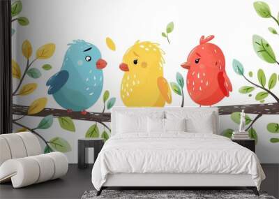 clipart, three birds sitting on branch, green color flower summer yellow celebration Wall mural