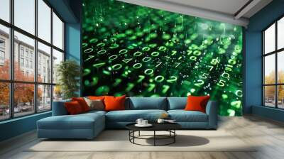 Concept cyber attack with green glowing binary code background falling green glowing numbers, information hacker phishing computer Wall mural