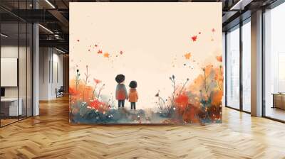 Couple walking in autumn field Wall mural