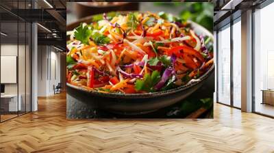 Crunchy asian salad, bowl of salad with carrots, cabbage, and cilantro, crockery table plate pepper eating Wall mural