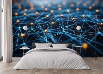 Decentralized social media platform technology, glowing orange spheres representing interconnected nodes in dark blue network, focus glow information internet line Wall mural