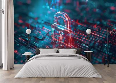 dns hijacking cyber security threat glowing red lock icon over keyboard binary code Wall mural