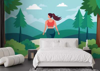 Fit girl in sportswear walking away in park, trees mountains sky clouds Wall mural