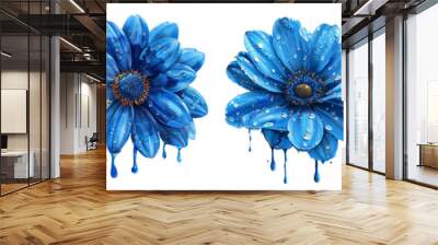 Flowers dripping blue paint cutout set, decor flower head, growth ornate season Wall mural