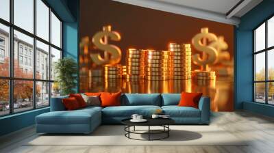 Stacks gold coins with dollar signs in background, prosperity business wealth Wall mural