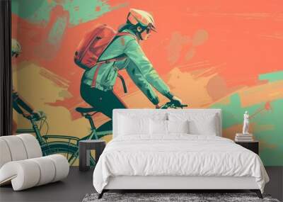 Two people riding bicycles, silhouette, adventure, travel, wheel, recreational pursuit Wall mural