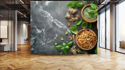 wellbeing, top view close-up of variety of healthy food ingredients on marble background Wall mural