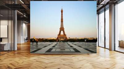 Empty Eiffel Tower and Trocadero during the French national lockdown because of the Covid-19 pandemic with sunset Wall mural