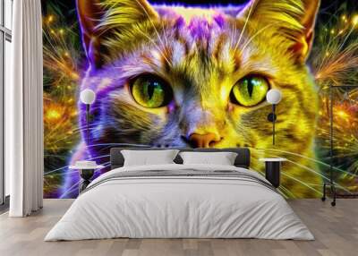 Vibrant and colorful cat portrait with an artistic glow. Wall mural