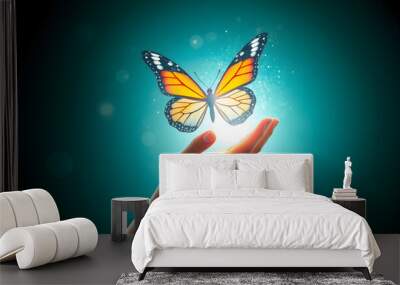 Abstract 3D illustration change future technology business concept with butterfly transform and human hand isolated with white highlights, png Wall mural