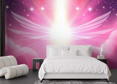 abstract mystical magic esoteric angelic pink background with divine rays of light and stars isolated with white highlights, png Wall mural