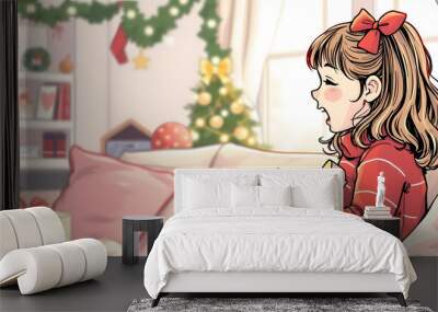 Autistic girl is listening to music and singing with her mother during her holiday home isolated with white highlights, png Wall mural