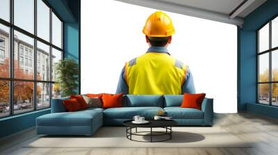 Back view of Construction worker in safety jacket  and yellow safety helmet isolated with white highlights, png Wall mural