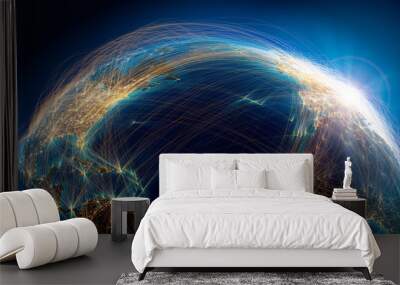 planet earth with detailed relief is covered with a complex luminous network of air routes based on  Wall mural