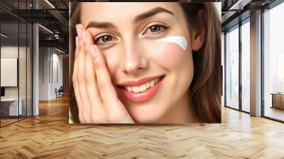 Beautiful young woman touching her perfect skin. Natural cosmetic skin care products. A woman demonstrates moisturizing facial care isolated with white highlights, png Wall mural