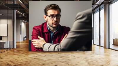 Businessman wearing dark red jacket sharing his worries with therapist isolated with white highlights, png Wall mural