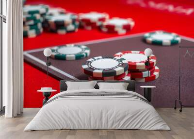 Casino Chips on Red Felt Table isolated with white highlights, png Wall mural