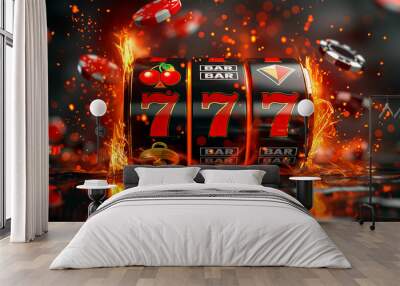 Casino Slot machine with red sevens. Jackpot. Lucky seven 777. Bright and glowing neon in fire Wall mural