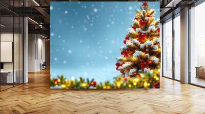 Christmas background. Xmas tree with snow decorated with garland lights, holiday festive background. Widescreen frame backdrop. New year Winter art design, Christmas scene wide screen holiday border Wall mural