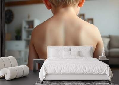 Closeup of boy's body with birthmarks in living room, back view. Space for text isolated with white highlights, png Wall mural