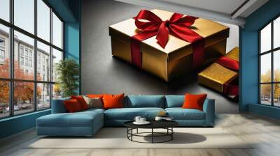 A beautifully wrapped golden gift box adorned with a red ribbon on a festive table setting during a joyful celebration Wall mural