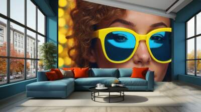 A young woman with curly blonde hair and stylish blue sunglasses poses confidently at a vibrant nighttime city event Wall mural