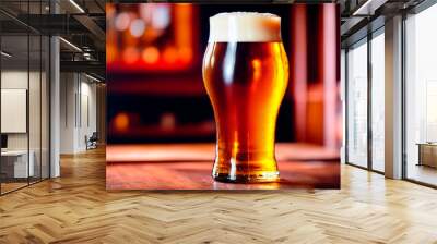 Beer glasses on the bar counter in the bar. Selective focus. Generative AI. Wall mural