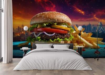 Delicious cheeseburger with fresh toppings and fries against a vibrant city skyline at sunset Wall mural