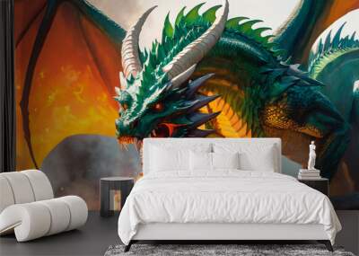 Green Dragon on Fire. Generative AI. Wall mural