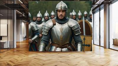 Knight in shining armor stands ready for battle surrounded by fellow soldiers on a historical battlefield Wall mural