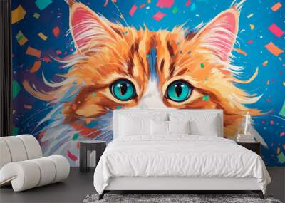 Portrait of a beautiful fluffy cat with colorful confetti. The concept of a holiday Wall mural