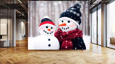 Two snowman in hats and scarves in the winter forest. Wall mural