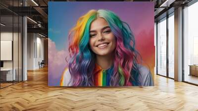 Young Woman With Colorful Hair Smiling Against a Rainbow Background of Vibrant Smoke Wall mural