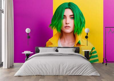 Young woman with green hair in jacket. Portrait of beautiful female with bright image. Generative AI. Wall mural