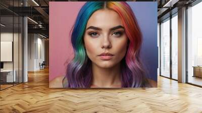 Young woman with vibrant rainbow hair smiles brightly against a colorful background in a cheerful indoor setting Wall mural