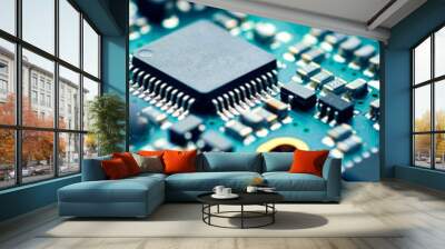 Electronic board with details and microchips, high-tech close-up, soft focus Wall mural