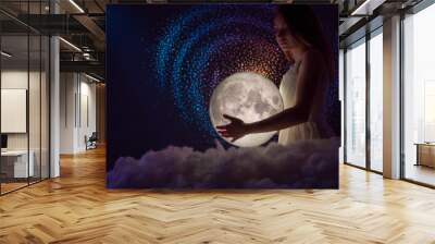 Female magic, femininity, astrology, a girl with the moon and space in the background. Princess of the night, female art Wall mural