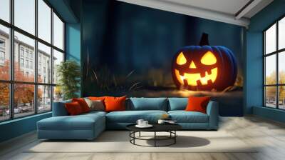 Glowing pumpkin in night setting, Halloween mood. Wall mural