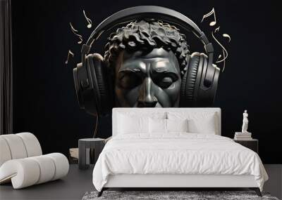 god listens to music, the head of an abstract fictional ancient male statue in modern music headphones, listens to music on a dark background, classical music Wall mural