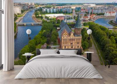 Aerial cityscape of Kant Island in Kaliningrad, Russia at sunny summer day with white clouds in the blue sky Wall mural