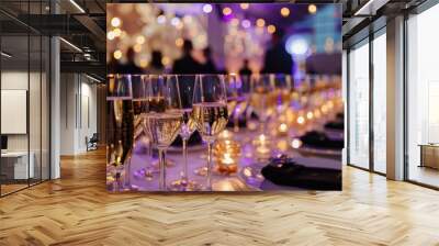 Close-up of sparkling champagne glasses on a table set for a sophisticated gala dinner with blurred background lights. Wall mural