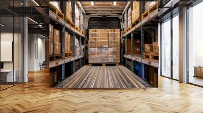 Inside view of a delivery van with shelves filled with various sized cardboard boxes, depicting logistics and shipment concepts. Wall mural