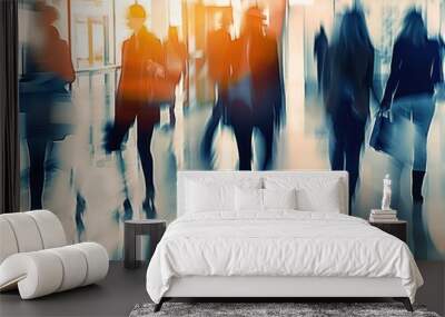 Motion blur of individuals walking in a contemporary office environment, representing busy work life, movement, and anonymity. Captures the dynamic atmosphere of a business setting. Wall mural