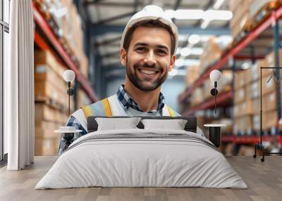 Handsome warehouse worker smiling at camera isolated with white highlights, png Wall mural