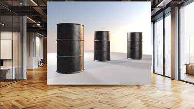 Rusty barrels in the amount of three pieces stand against the sky with a blur effect. 3d render illustration. Wall mural