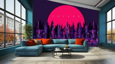 Colorful Trendy Abstract Futuristic Sci-fi Cyber Space City Landscape Vector Illustration Wall mural