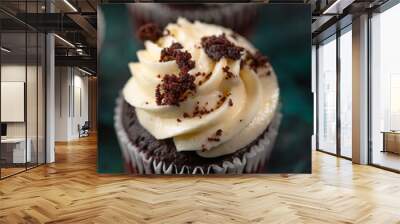 Macro shot. Traditional American dessert - chocolate muffin with cream, decorated with chocolate chips. Food background. Recipes for restaurant and home cooking, culinary blog. Wall mural