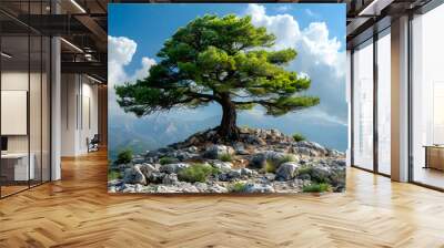 majestic cedar of lebanon against a blue sky overlooking a hillside isolated on white background, studio photography, png Wall mural