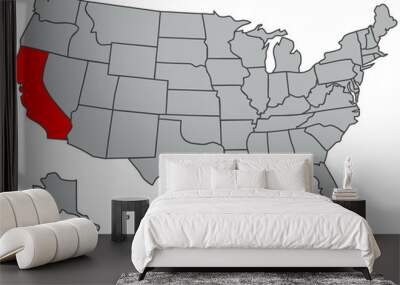 Map of the United States of America. Vector illustration in gray with the silhouette of the red US state California. The image of the contours of the USA. Poster for articles, web, school, geography Wall mural