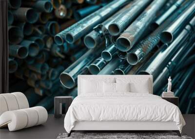 Metal Piping in Warehouse Background. Bunch of Aluminum and Chrome Stainless Steel Pipes in Circular Stack Wall mural